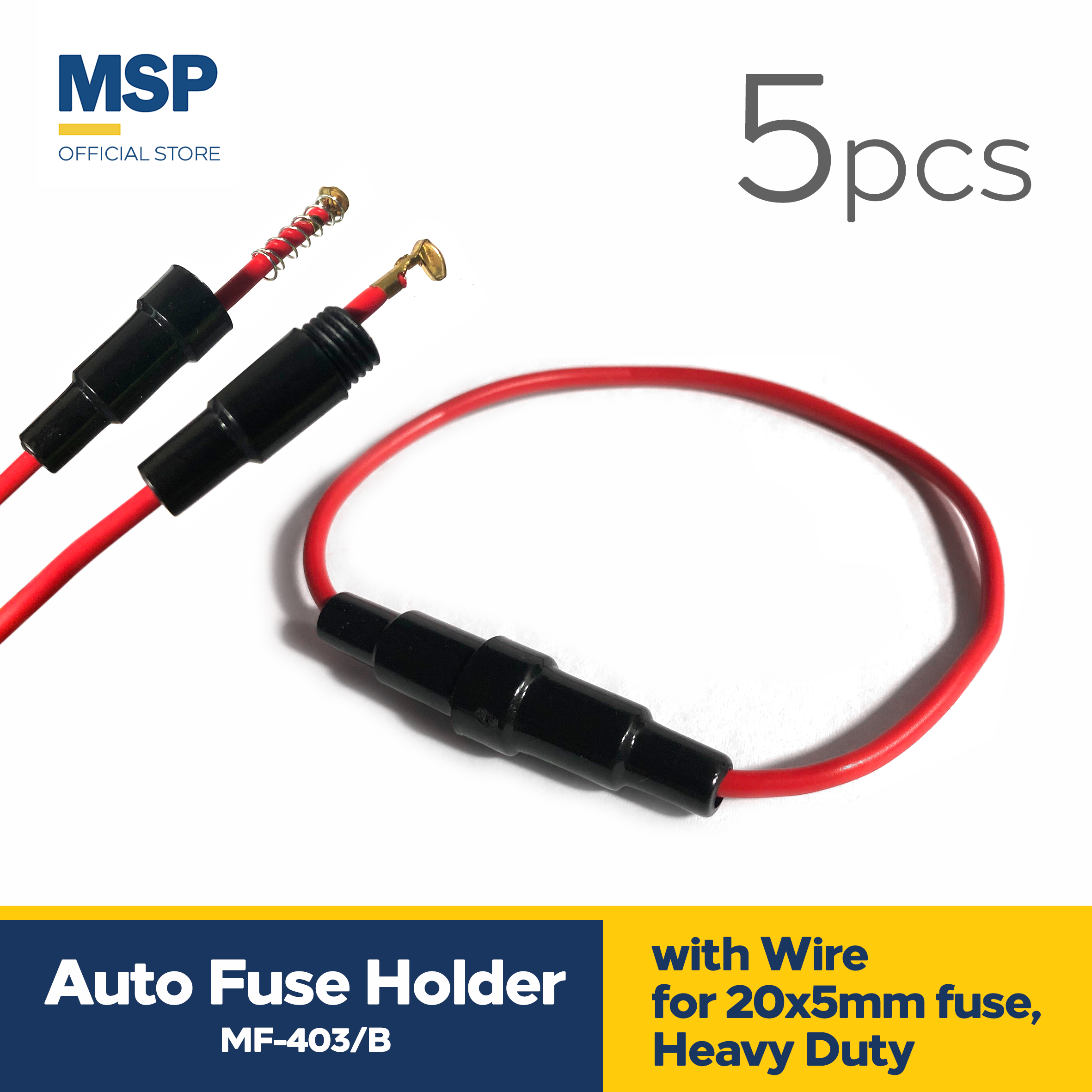 5pc Auto fuse holder with wire for 20x5mm fuse, Heavy Duty