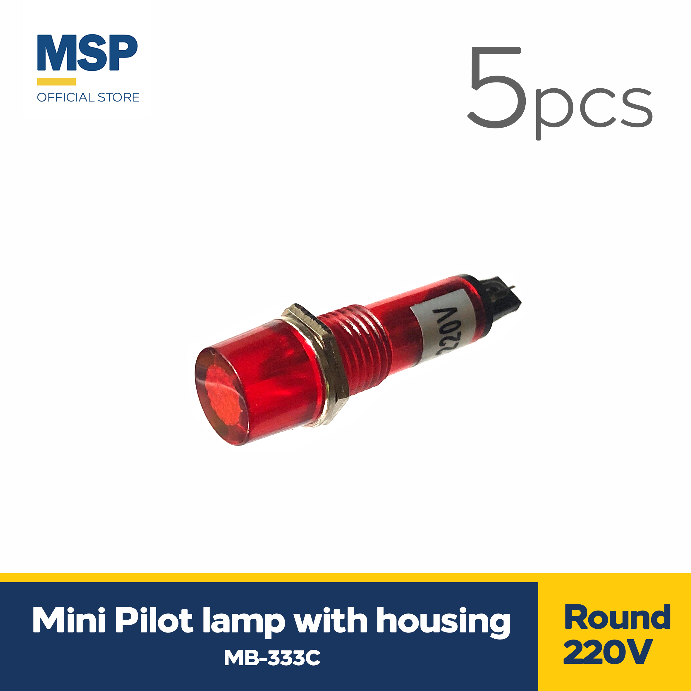 5pc Mini pilot lamp with housing – round, 220V