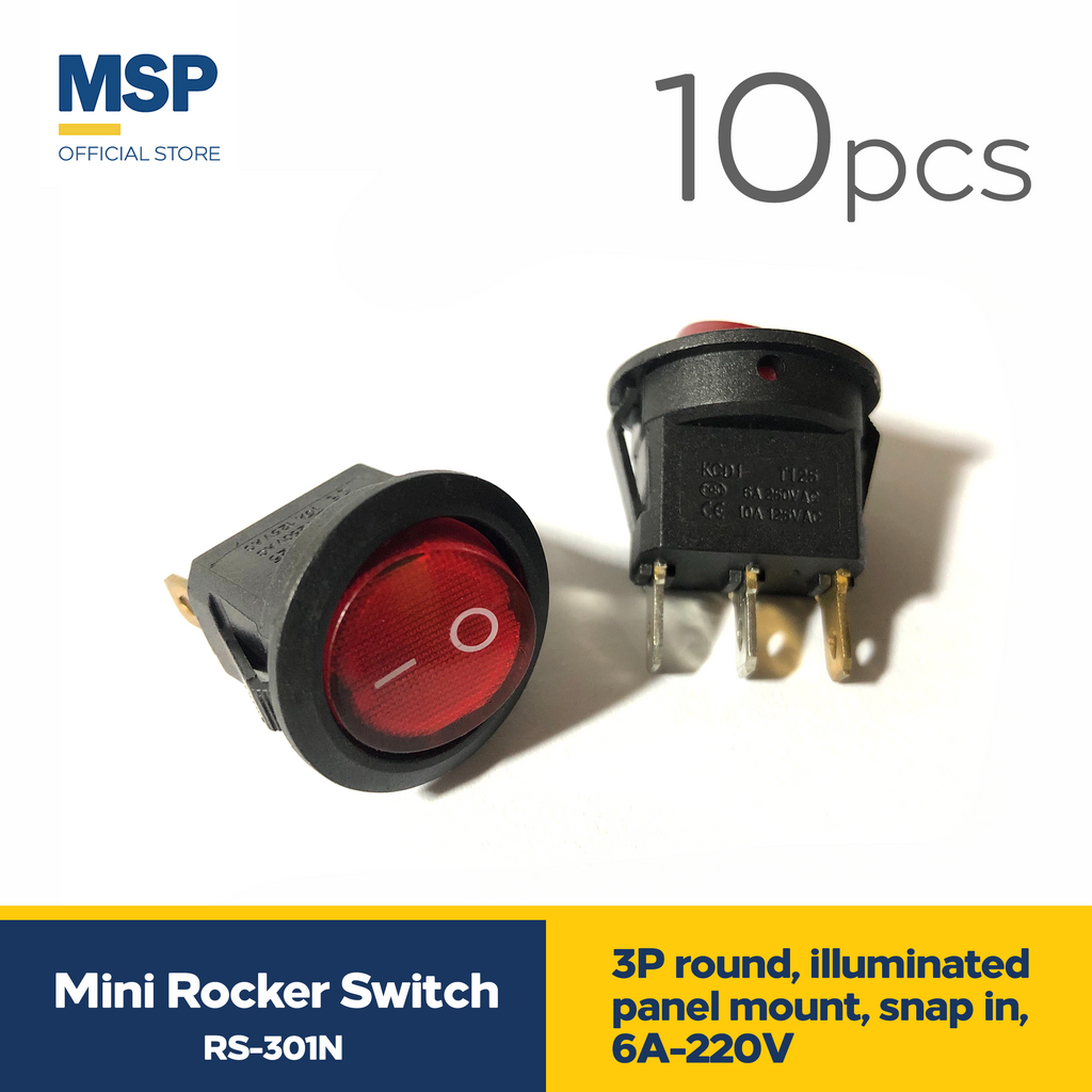 10pcs Mini rocker switch 3P, round, illuminated, panel mount, snap in ...