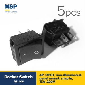 5pcs Rocker switch 4P, DPST, non-illuminated, panel mount, snap in, 15A-220V
