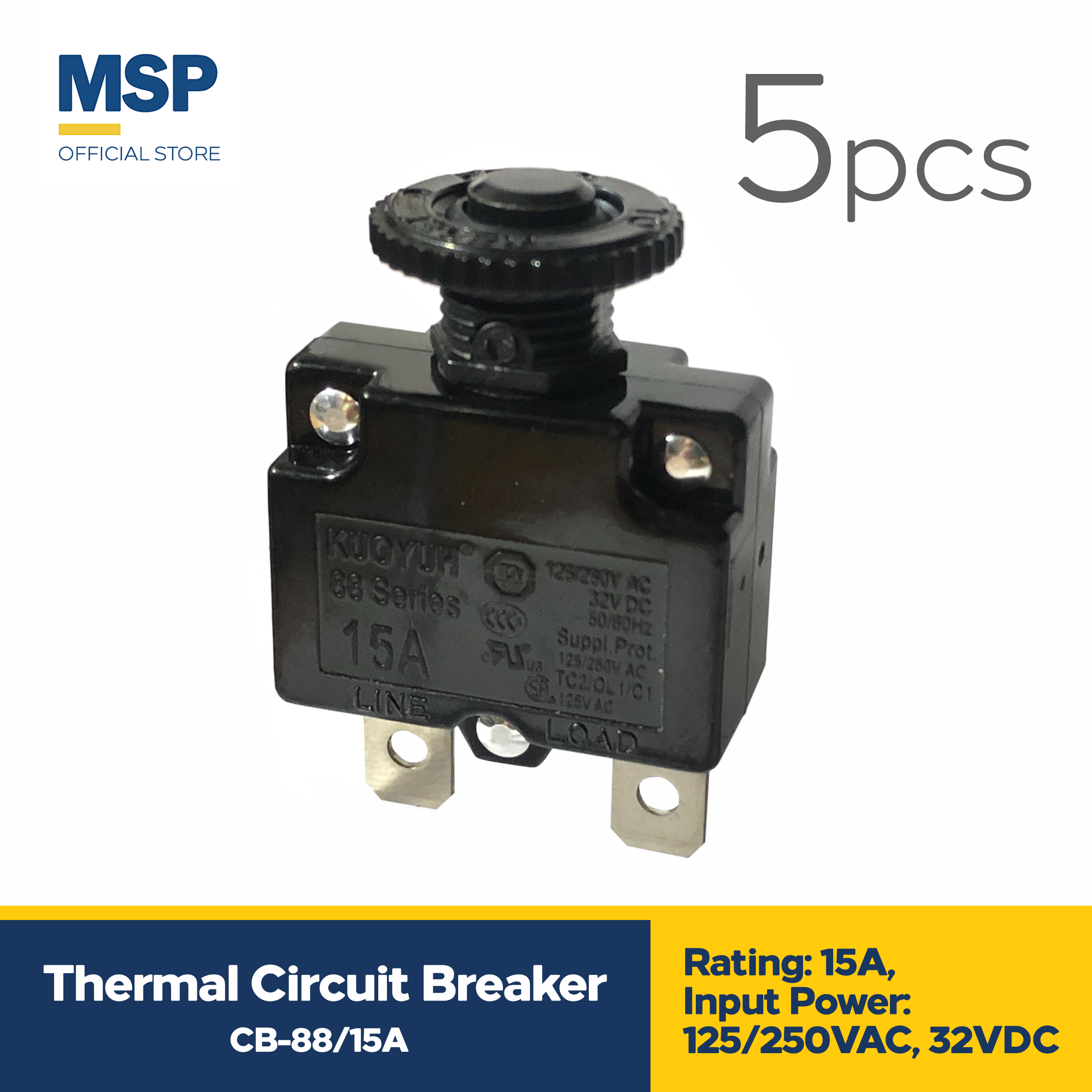 5pc KUOYUH thermal circuit breaker (Made in Taiwan) Copper Alloy terminal, plastic bushing and mounting nut Rating: 15A, Input Power: 125/250VAC, 32VDC